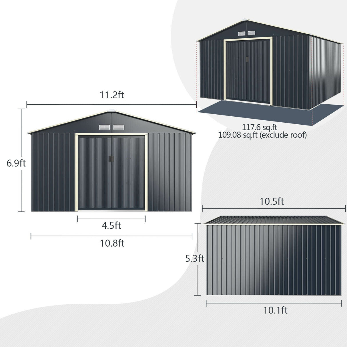 Heavy Duty Outdoor Metal Garden Tool Shed W/ Lockable Sliding Doors, 11' x 10' (95081295)