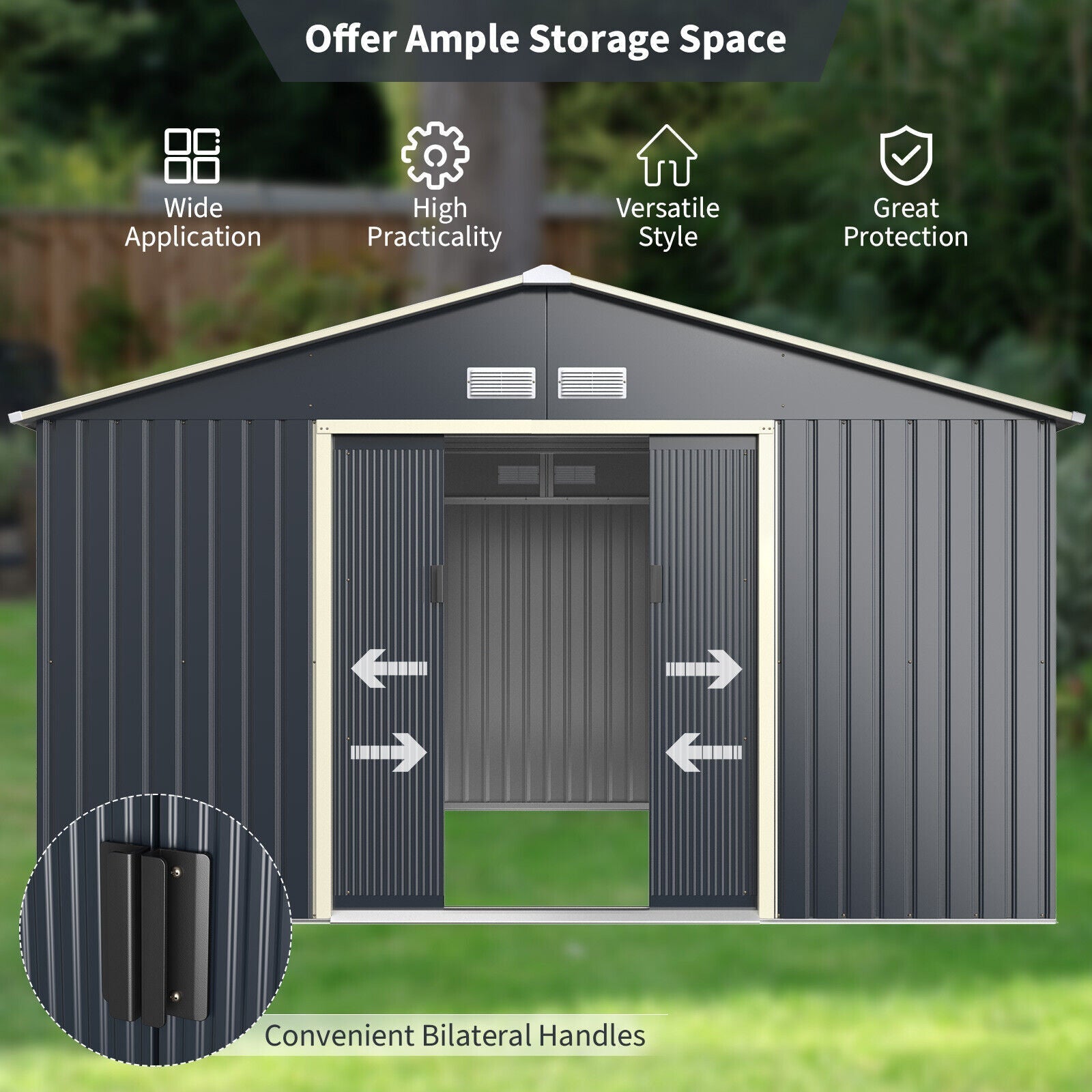 Heavy Duty Outdoor Metal Garden Tool Shed W/ Lockable Sliding Doors, 11' x 10' (95081295)