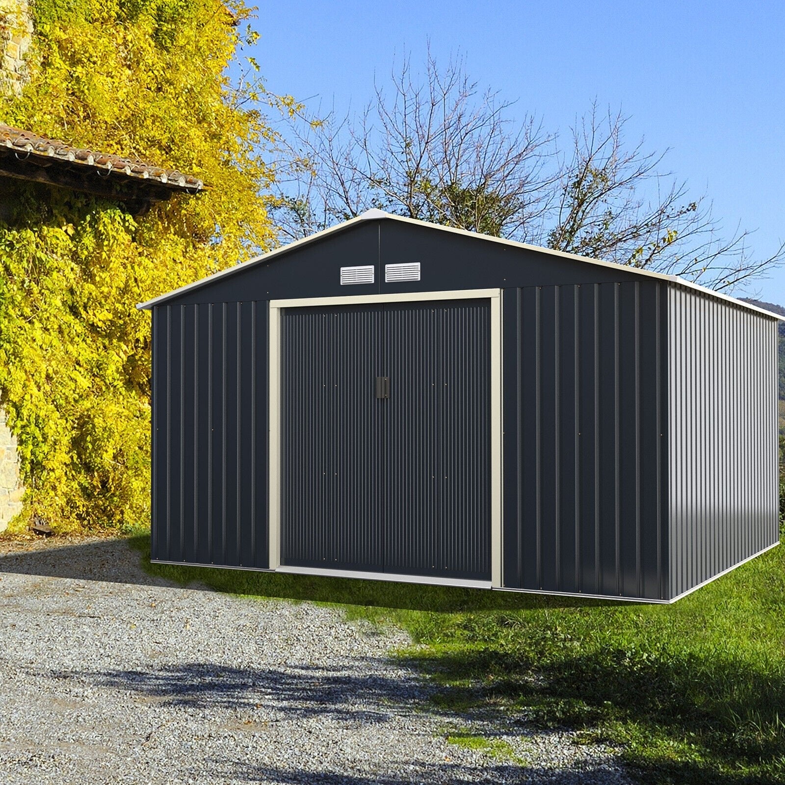 Heavy Duty Outdoor Metal Garden Tool Shed W/ Lockable Sliding Doors, 11' x 10' (95081295)