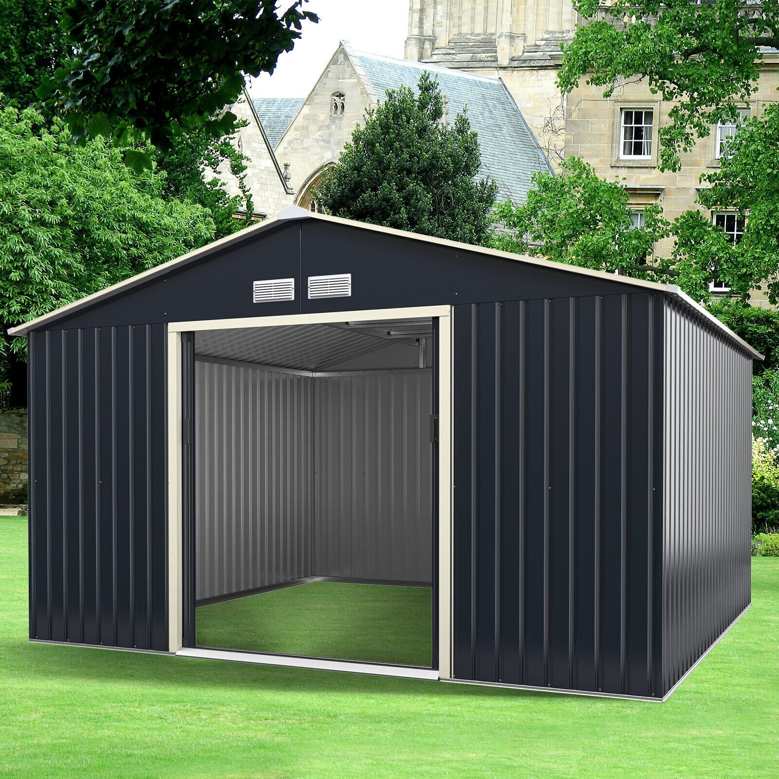 Heavy Duty Outdoor Metal Garden Tool Shed W/ Lockable Sliding Doors, 11' x 10' (95081295)