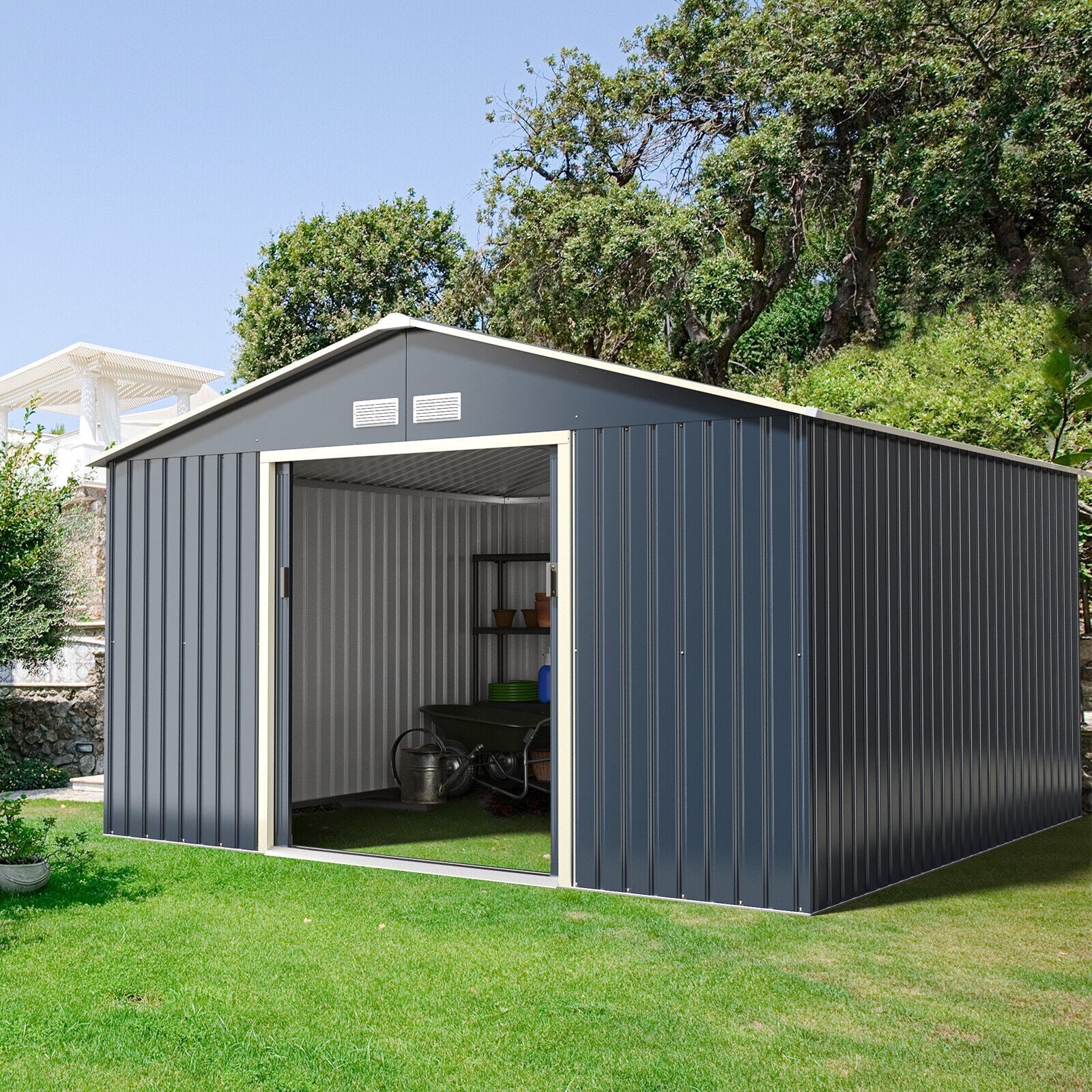 Heavy Duty Outdoor Metal Garden Tool Shed W/ Lockable Sliding Doors, 11' x 10' (95081295)