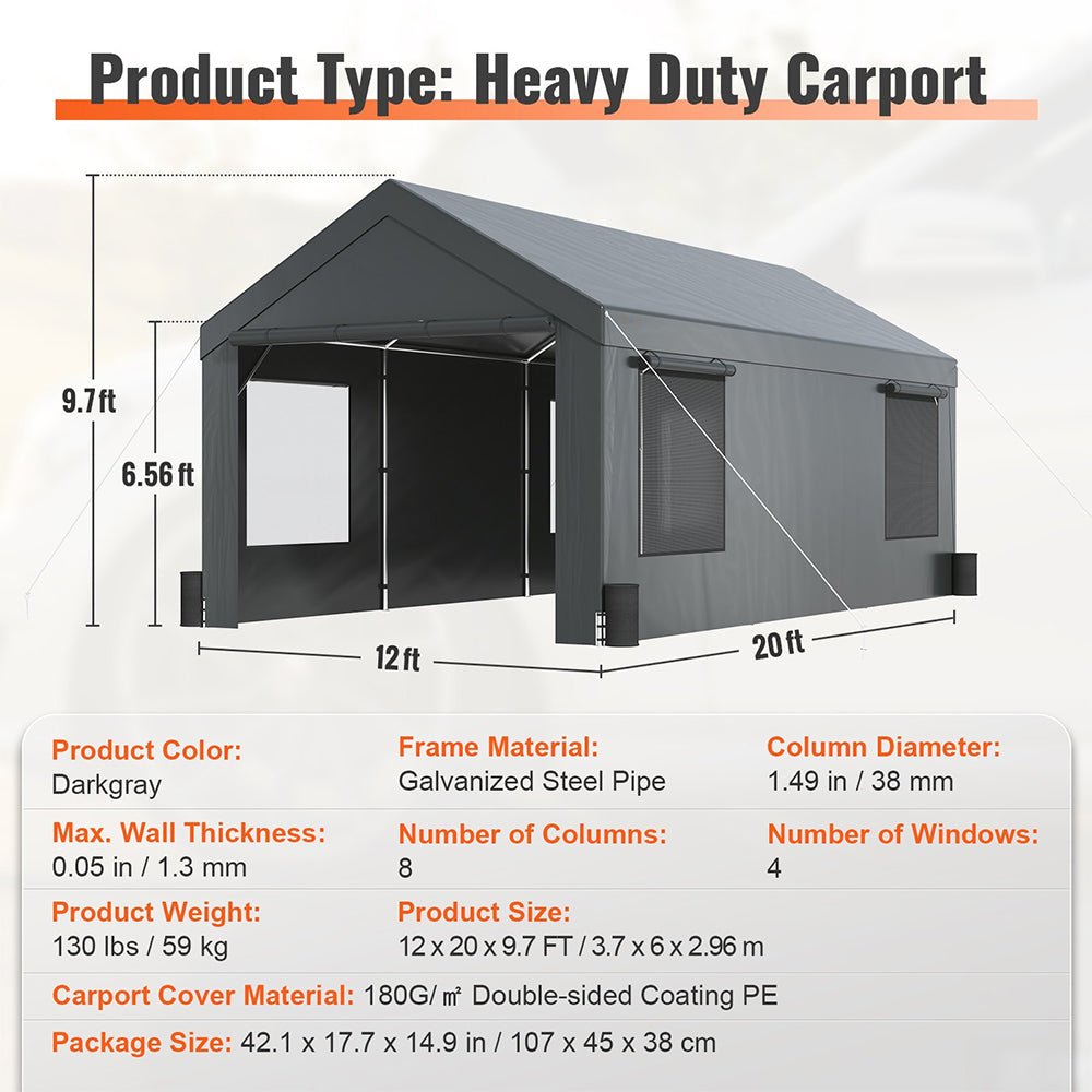 [12x20FT] Heavy Duty Outdoor Premium Garage Tarp Canopy Shelter W/ Removable Sidewalls