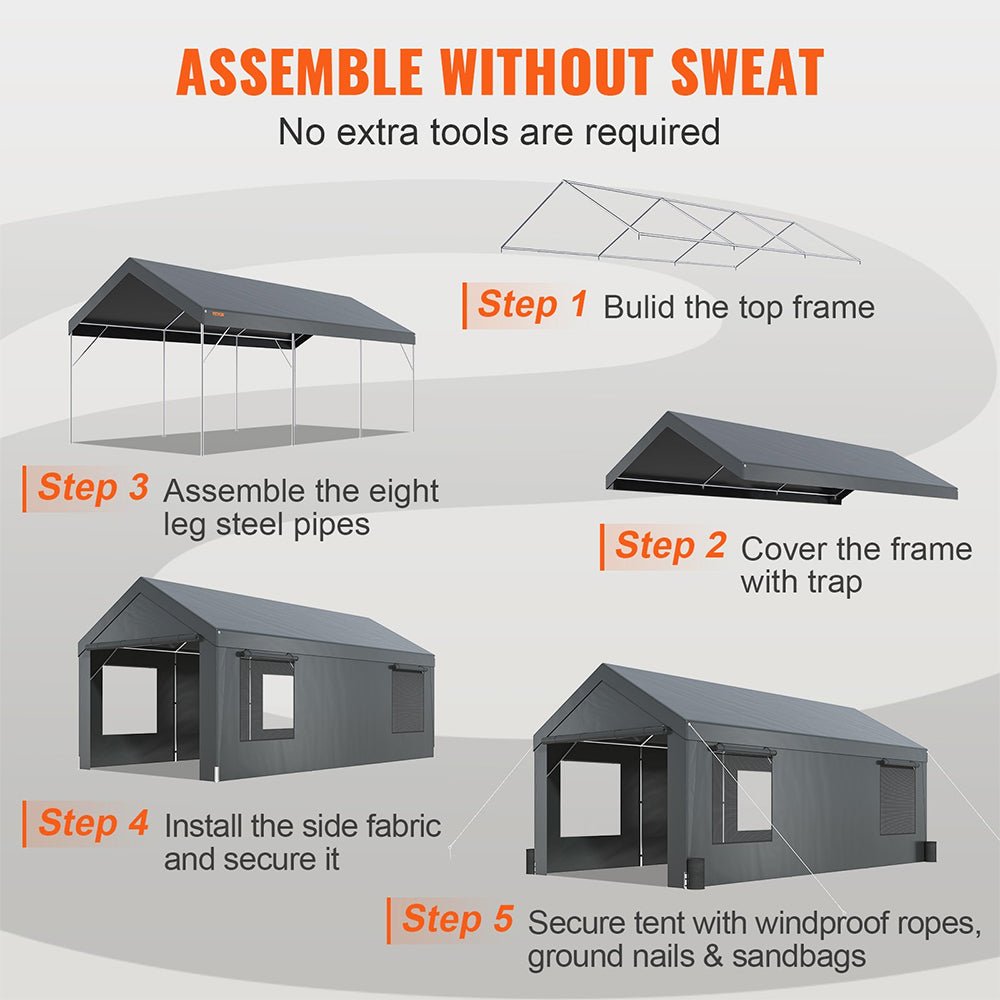 [12x20FT] Heavy Duty Outdoor Premium Garage Tarp Canopy Shelter W/ Removable Sidewalls