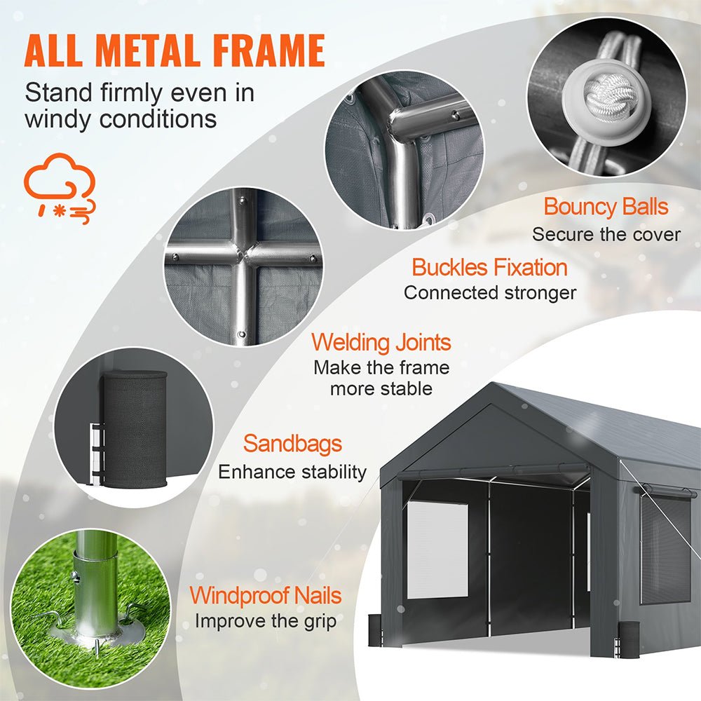 [12x20FT] Heavy Duty Outdoor Premium Garage Tarp Canopy Shelter W/ Removable Sidewalls