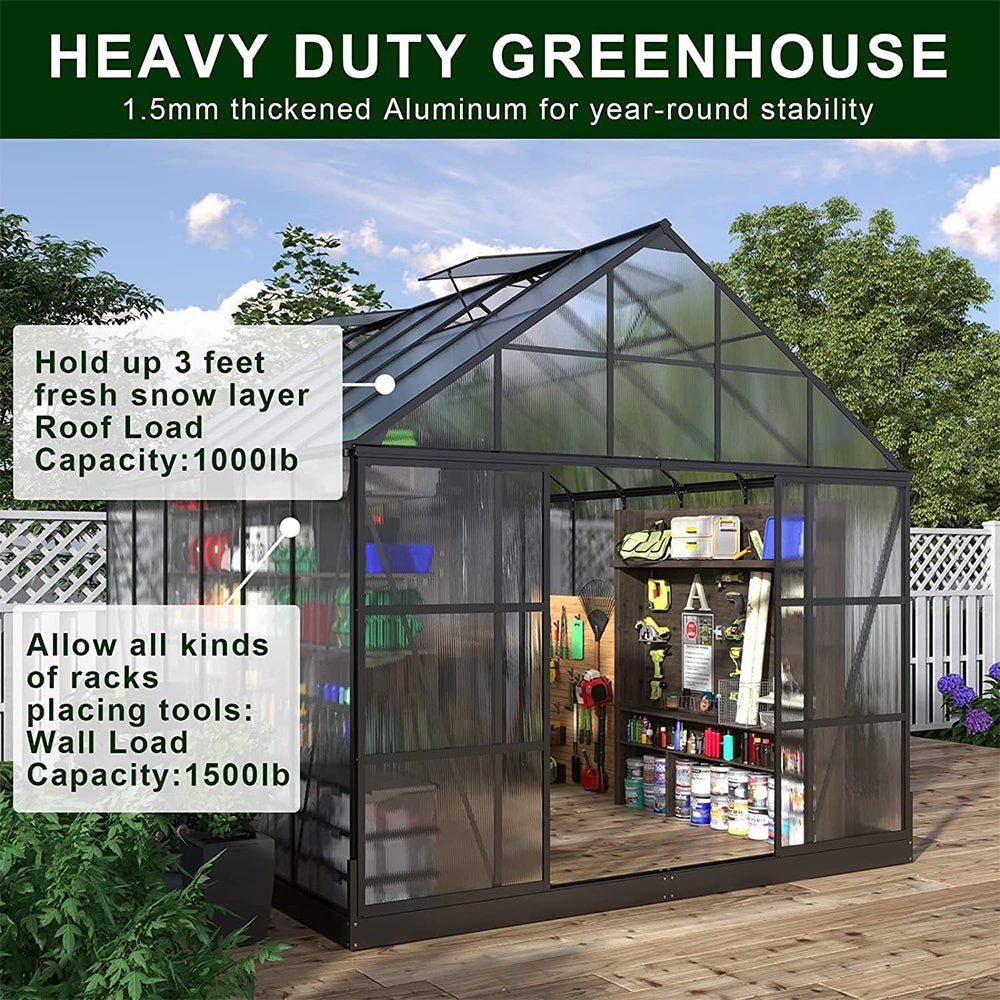 [10x12FT] Heavy Duty Outdoor Walk-In Polycarbonate Patio Greenhouse With Sliding Doors & Vents