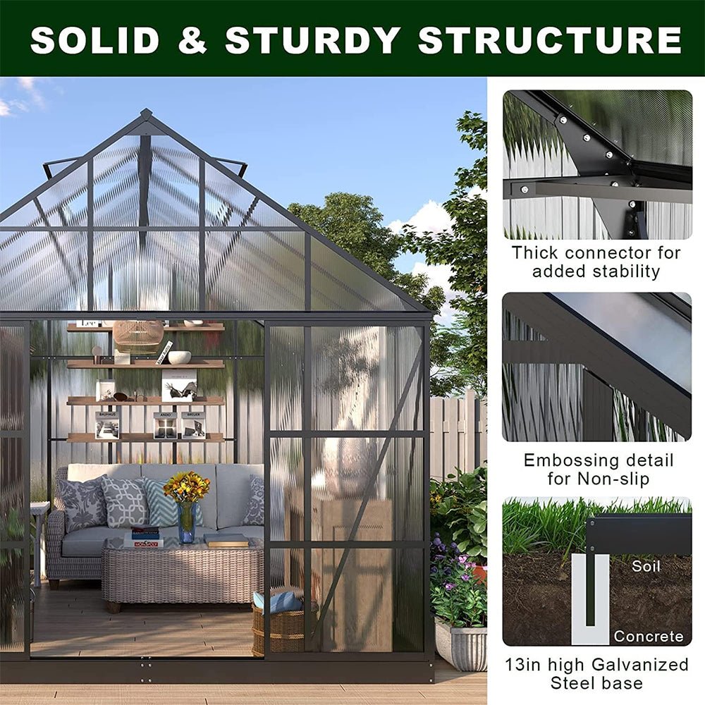[10x12FT] Heavy Duty Outdoor Walk-In Polycarbonate Patio Greenhouse With Sliding Doors & Vents