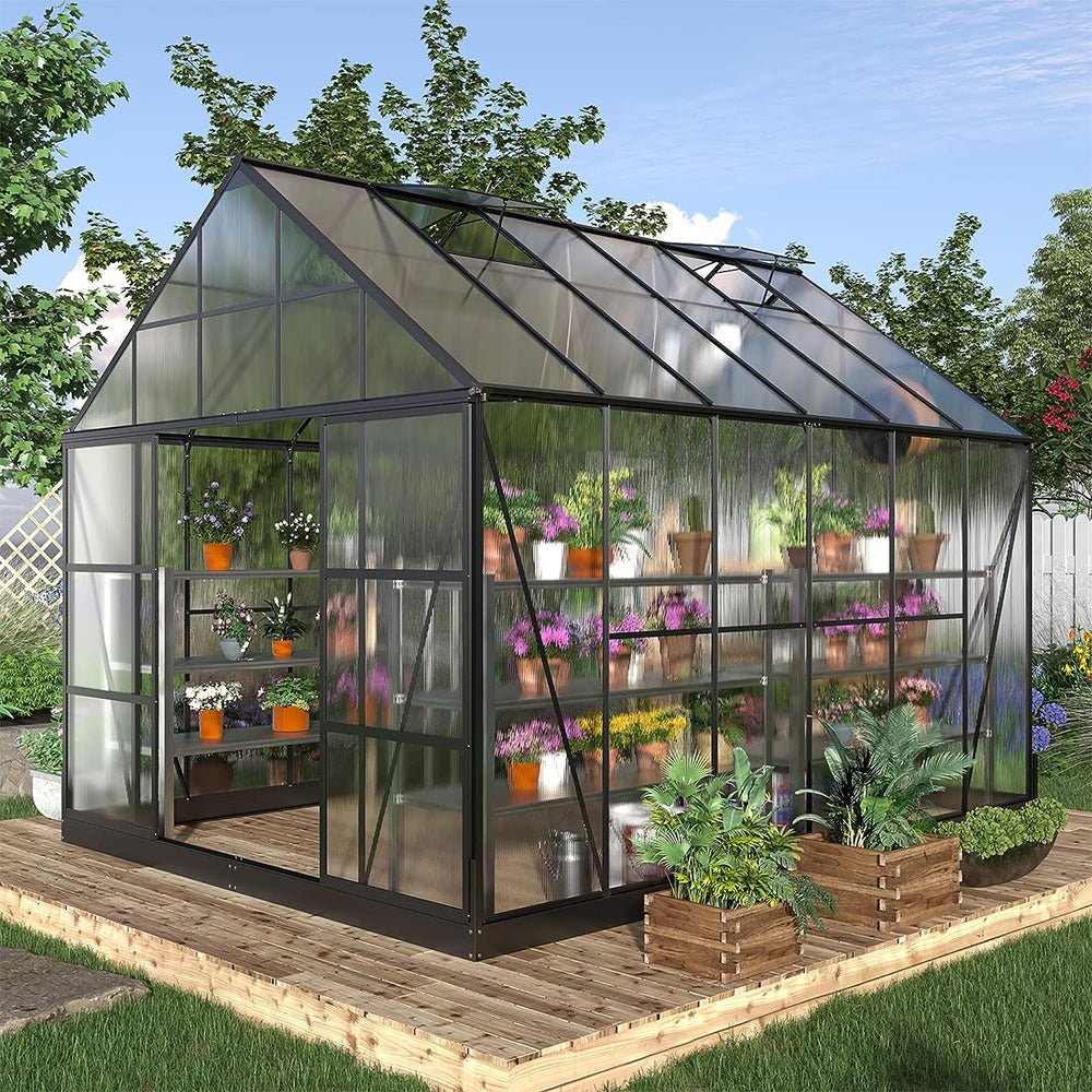 [10x12FT] Heavy Duty Outdoor Walk-In Polycarbonate Patio Greenhouse With Sliding Doors & Vents