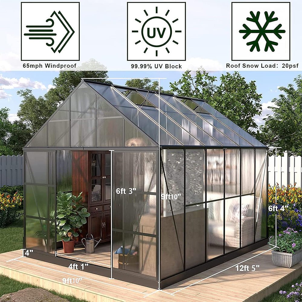 [10x12FT] Heavy Duty Outdoor Walk-In Polycarbonate Patio Greenhouse With Sliding Doors & Vents