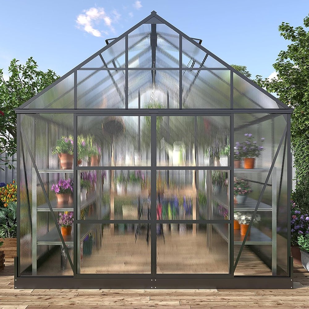 [10x12FT] Heavy Duty Outdoor Walk-In Polycarbonate Patio Greenhouse With Sliding Doors & Vents