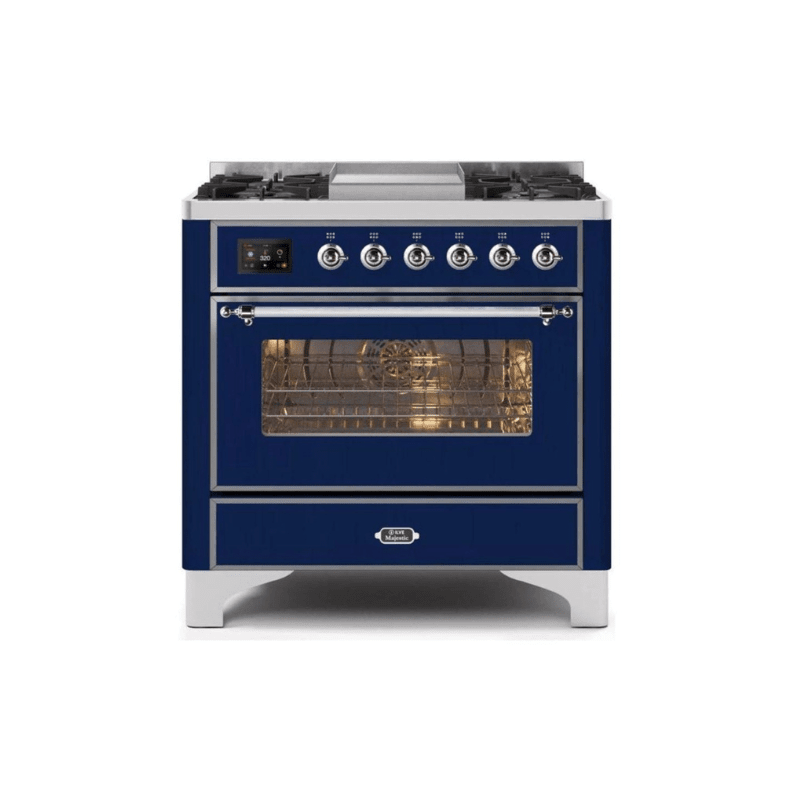 ILVE 36 Inch Majestic II Series Dual Fuel Natural Gas Range with 6 Burners and Griddle with 3.5 cu. ft. Oven Capacity TFT Oven Control Display (UM09FDNS3)