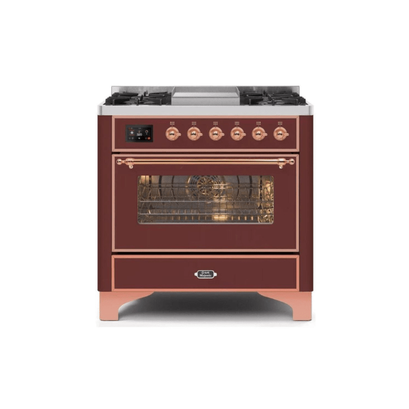 ILVE 36 Inch Majestic II Series Dual Fuel Natural Gas Range with 6 Burners and Griddle with 3.5 cu. ft. Oven Capacity TFT Oven Control Display (UM09FDNS3)