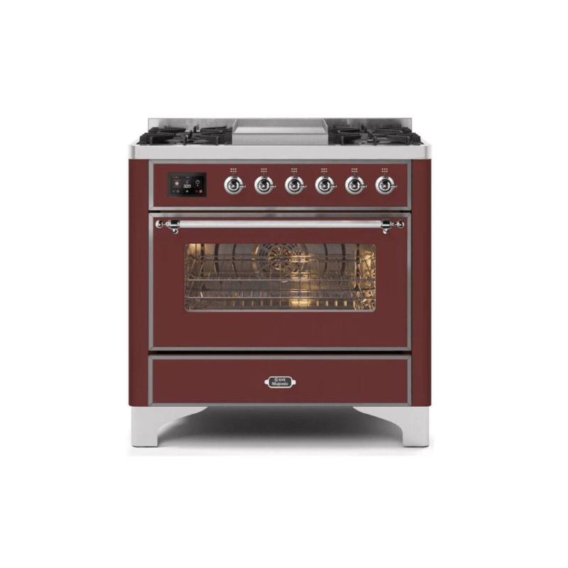 ILVE 36 Inch Majestic II Series Dual Fuel Natural Gas Range with 6 Burners and Griddle with 3.5 cu. ft. Oven Capacity TFT Oven Control Display (UM09FDNS3)