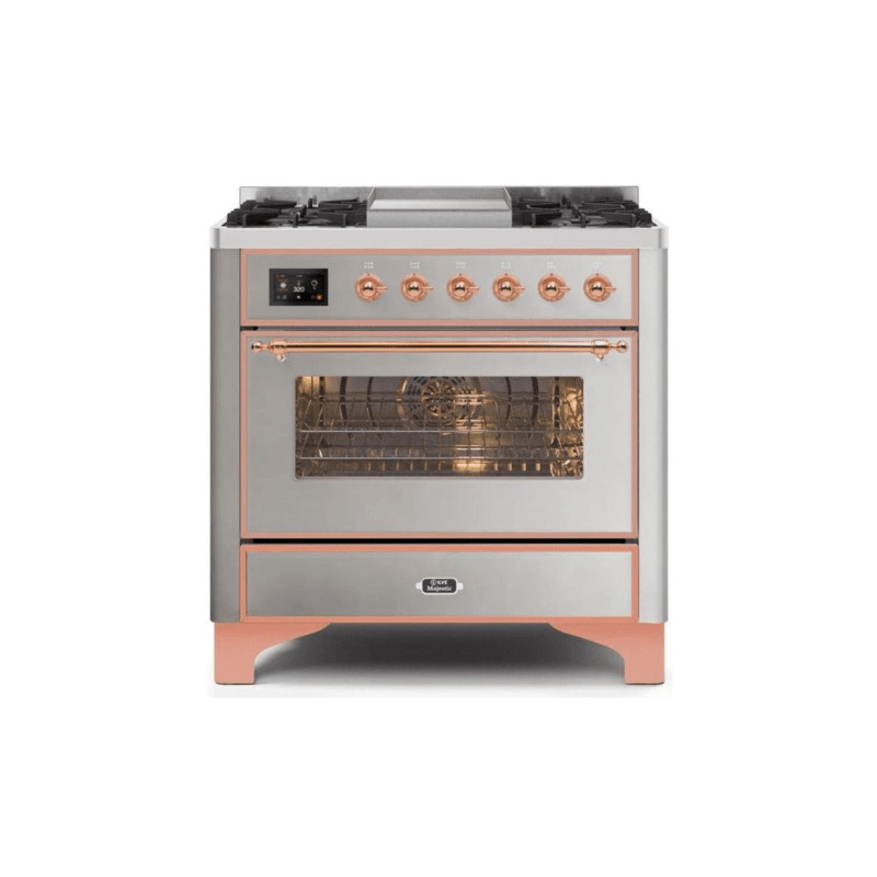 ILVE 36 Inch Majestic II Series Dual Fuel Natural Gas Range with 6 Burners and Griddle with 3.5 cu. ft. Oven Capacity TFT Oven Control Display (UM09FDNS3)