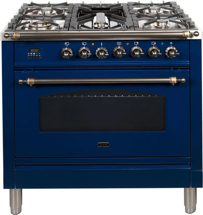 ILVE 36Inch Nostalgie Dual Fuel Range with 5 Sealed Brass Burners 3 cu. ft. Oven UPN90FDM