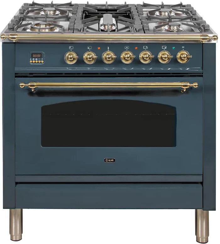 ILVE 36Inch Nostalgie Dual Fuel Range with 5 Sealed Brass Burners 3 cu. ft. Oven UPN90FDM