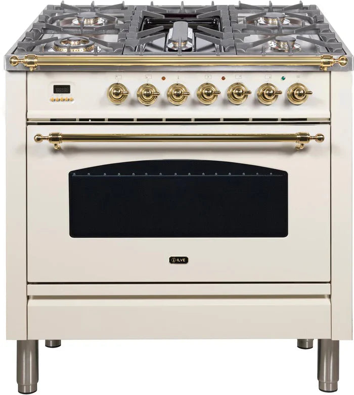 ILVE 36Inch Nostalgie Dual Fuel Range with 5 Sealed Brass Burners 3 cu. ft. Oven UPN90FDM