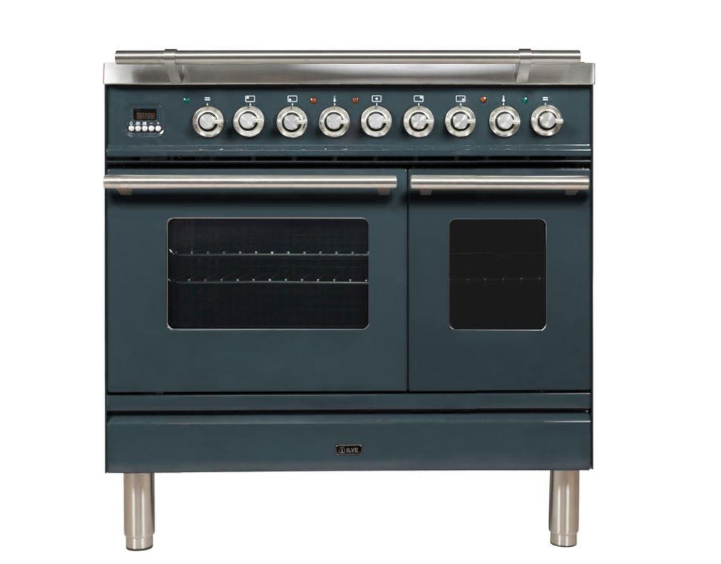 ILVE 36 Inch Professional Plus Series Freestanding Double Oven Dual Fuel Range with 5 Sealed Burners (UPDW90FDM) Chrome Trim