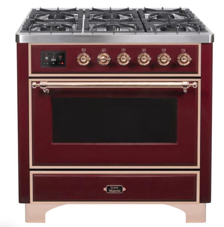ILVE 36" Majestic II Series Dual Fuel Gas Range with 6 Burners with 3.5 cu. ft. Oven Capacity TFT Oven Control Display (UM096DNS)