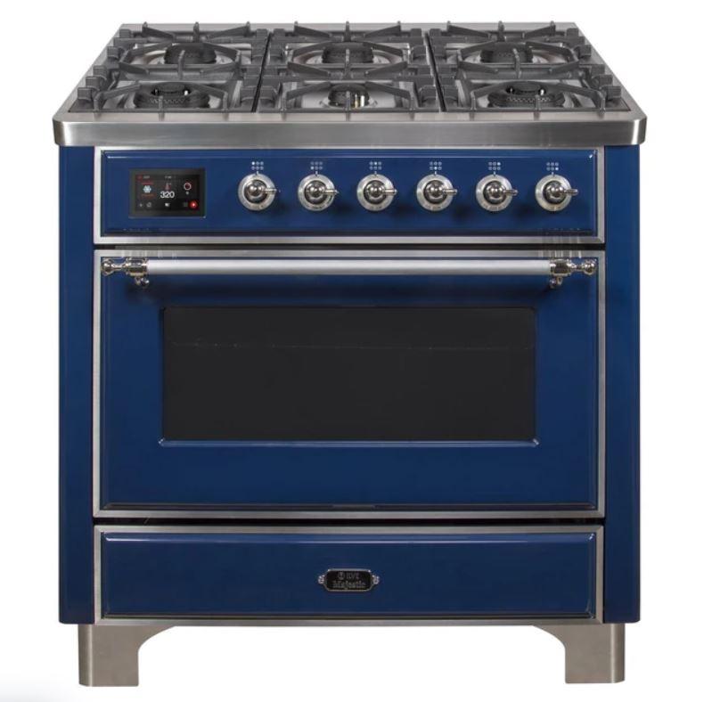 ILVE 36" Majestic II Series Dual Fuel Gas Range with 6 Burners with 3.5 cu. ft. Oven Capacity TFT Oven Control Display (UM096DNS)