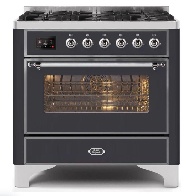 ILVE 36" Majestic II Series Dual Fuel Gas Range with 6 Burners with 3.5 cu. ft. Oven Capacity TFT Oven Control Display (UM096DNS)