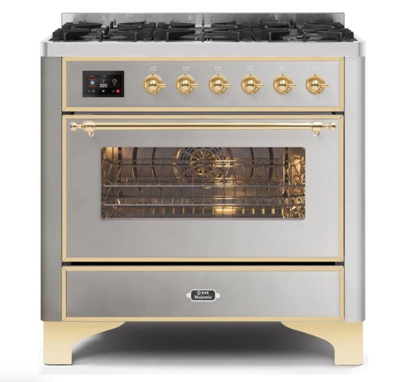 ILVE 36" Majestic II Series Dual Fuel Gas Range with 6 Burners with 3.5 cu. ft. Oven Capacity TFT Oven Control Display (UM096DNS)