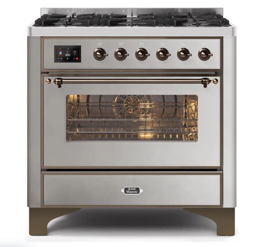 ILVE 36" Majestic II Series Dual Fuel Gas Range with 6 Burners with 3.5 cu. ft. Oven Capacity TFT Oven Control Display (UM096DNS)