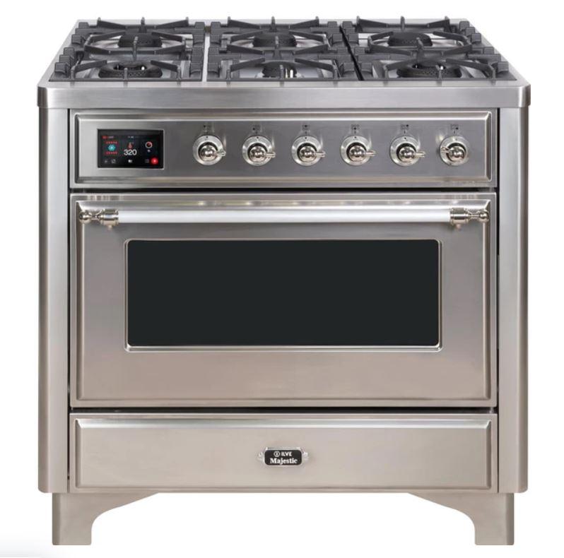 ILVE 36" Majestic II Series Dual Fuel Gas Range with 6 Burners with 3.5 cu. ft. Oven Capacity TFT Oven Control Display (UM096DNS)