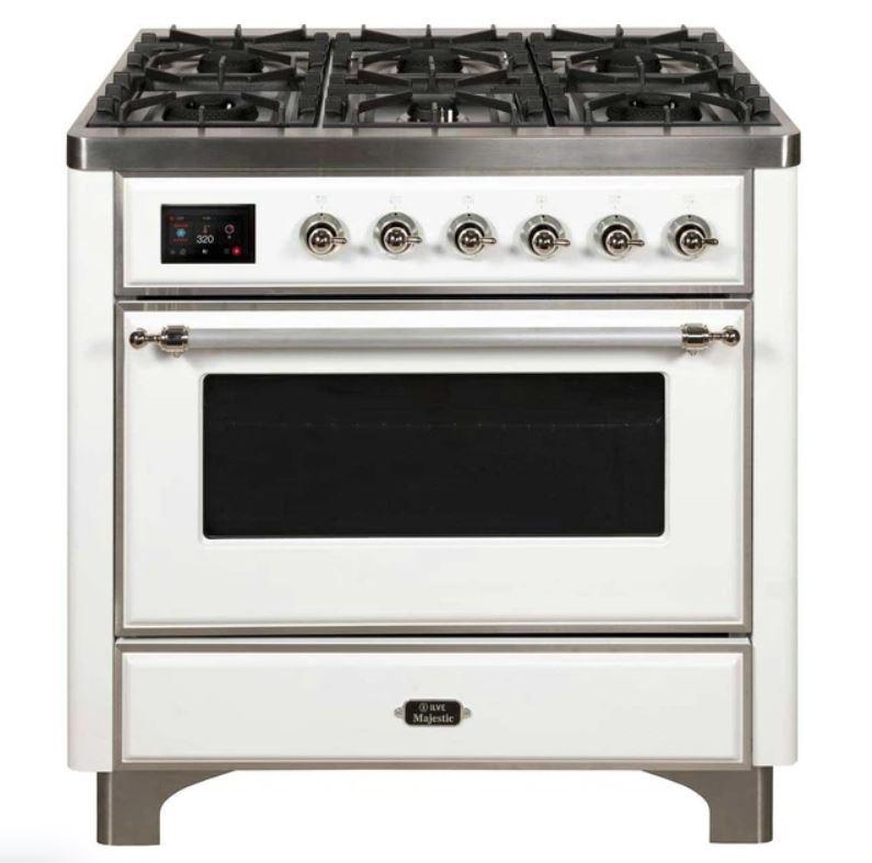 ILVE 36" Majestic II Series Dual Fuel Gas Range with 6 Burners with 3.5 cu. ft. Oven Capacity TFT Oven Control Display (UM096DNS)
