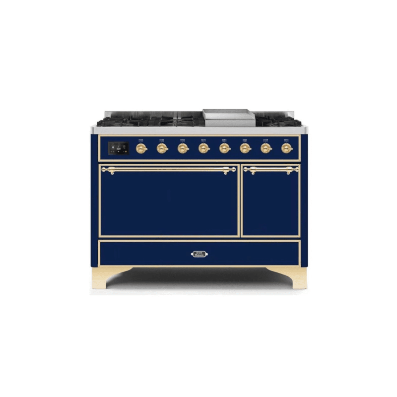 ILVE 48 Inch Majestic II Series Freestanding Dual Fuel Liquid Propane Range with 8 Sealed Brass Non Stick Coated Burners and Griddle (UM12FDQNS3)