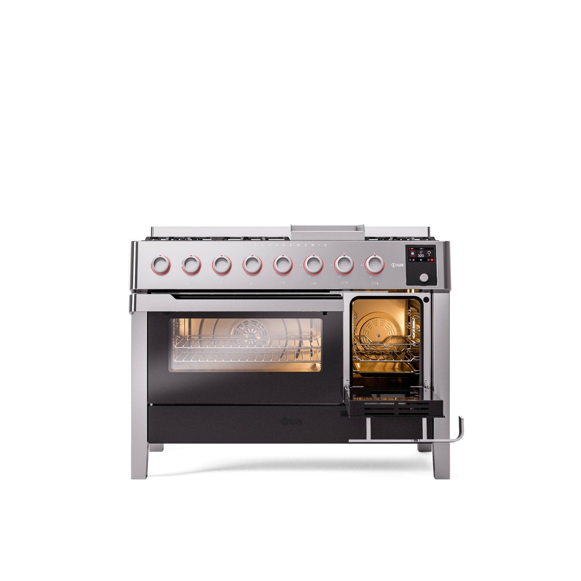 ILVE 48" Panoramagic Series Freestanding Double Oven Dual Fuel Range with 8 Sealed Burners and Griddle UPM12FDS3