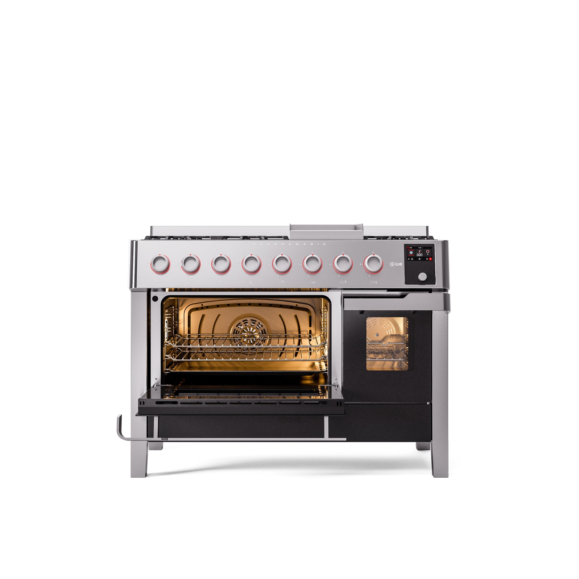 ILVE 48" Panoramagic Series Freestanding Double Oven Dual Fuel Range with 8 Sealed Burners and Griddle UPM12FDS3