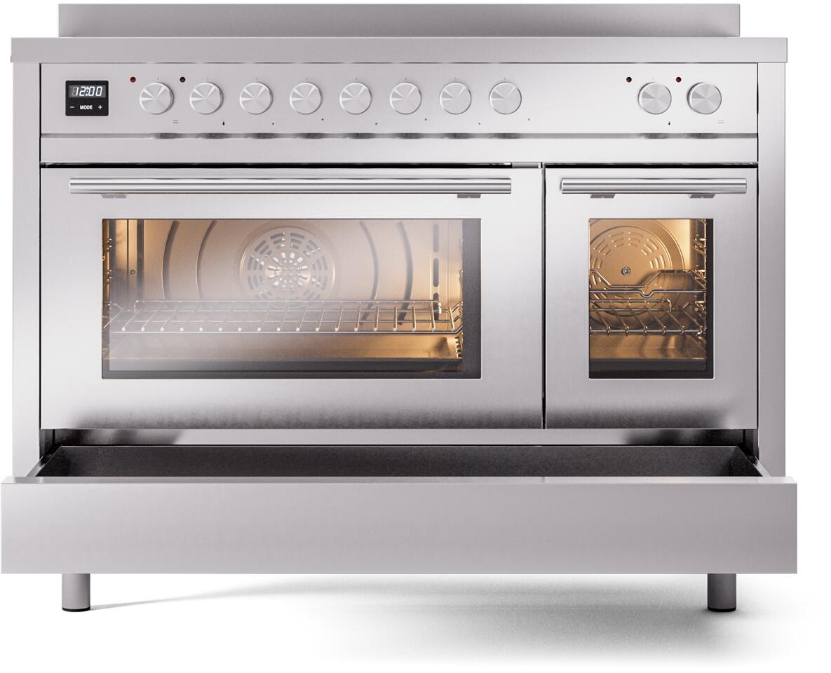 ILVE 48" Professional Plus II Series Freestanding Electric Double Oven Range with 8 Elements, Triple Glass Cool Door, Convection Oven, TFT Oven Control Display and Child Lock UPI486WMP