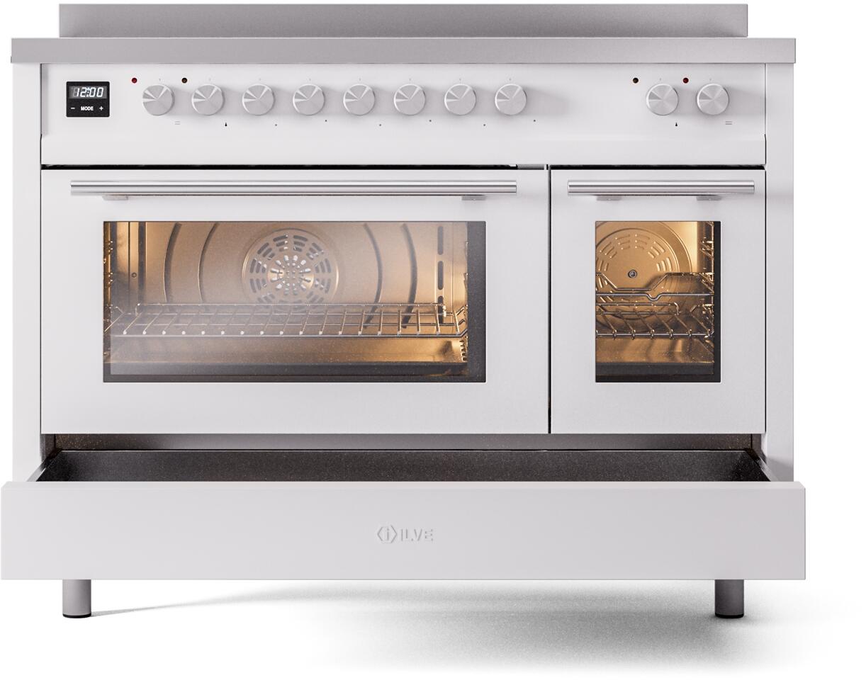 ILVE 48" Professional Plus II Series Freestanding Electric Double Oven Range with 8 Elements, Triple Glass Cool Door, Convection Oven, TFT Oven Control Display and Child Lock UPI486WMP