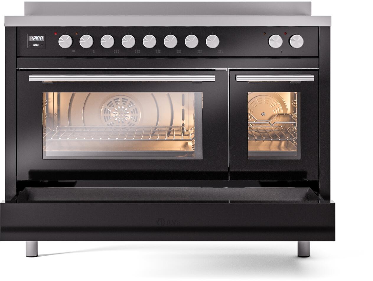 ILVE 48" Professional Plus II Series Freestanding Electric Double Oven Range with 8 Elements, Triple Glass Cool Door, Convection Oven, TFT Oven Control Display and Child Lock UPI486WMP