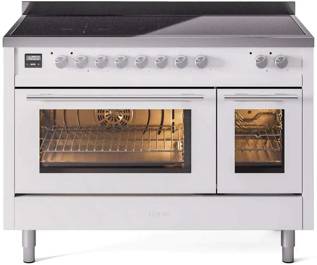 ILVE 48" Professional Plus II Series Freestanding Electric Double Oven Range with 8 Elements, Triple Glass Cool Door, Convection Oven, TFT Oven Control Display and Child Lock UPI486WMP