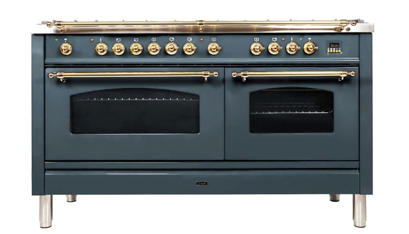ILVE 60 Inch Nostalgie Series Freestanding Double Oven Dual Fuel Range with 8 Sealed Burners and Griddle (UPN150FDM)