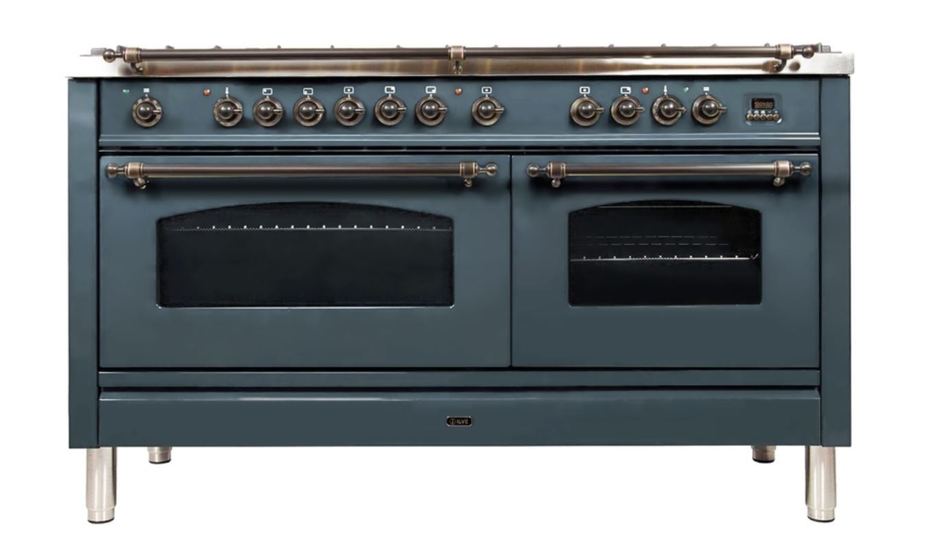 ILVE 60 Inch Nostalgie Series Freestanding Double Oven Dual Fuel Range with 8 Sealed Burners and Griddle (UPN150FDM)