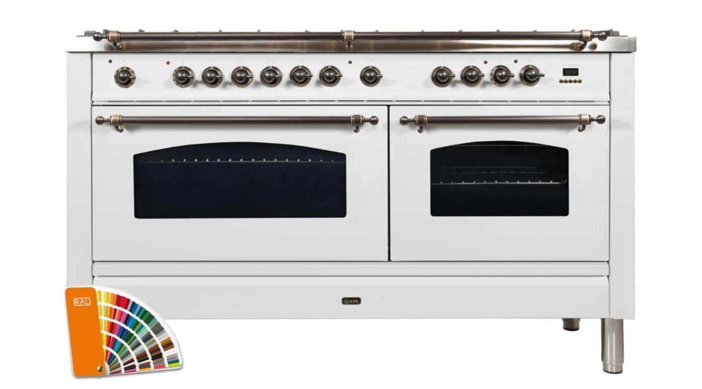 ILVE 60 Inch Nostalgie Series Freestanding Double Oven Dual Fuel Range with 8 Sealed Burners and Griddle (UPN150FDM)