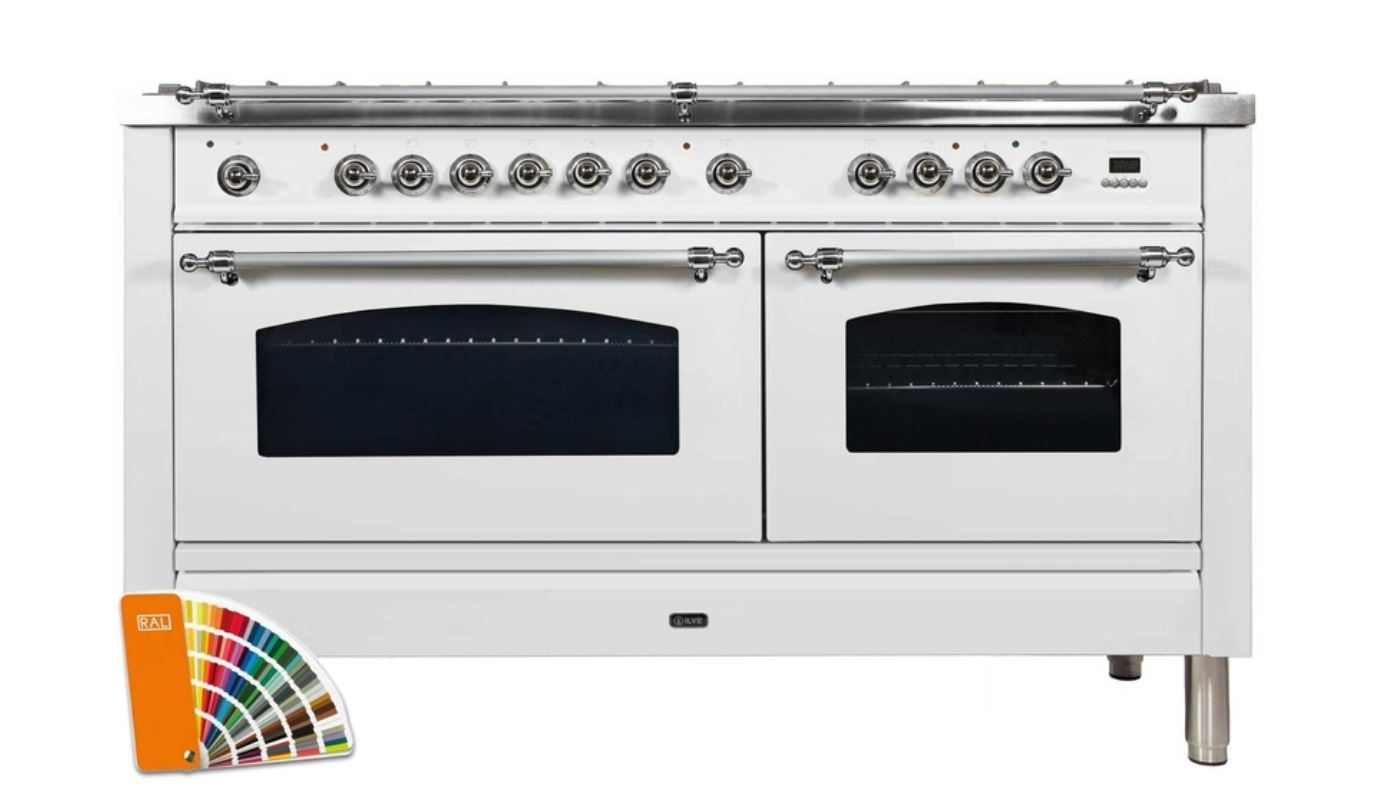 ILVE 60 Inch Nostalgie Series Freestanding Double Oven Dual Fuel Range with 8 Sealed Burners and Griddle (UPN150FDM)