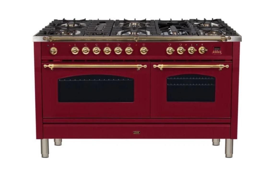 ILVE 60 Inch Nostalgie Series Freestanding Double Oven Dual Fuel Range with 8 Sealed Burners and Griddle (UPN150FDM)