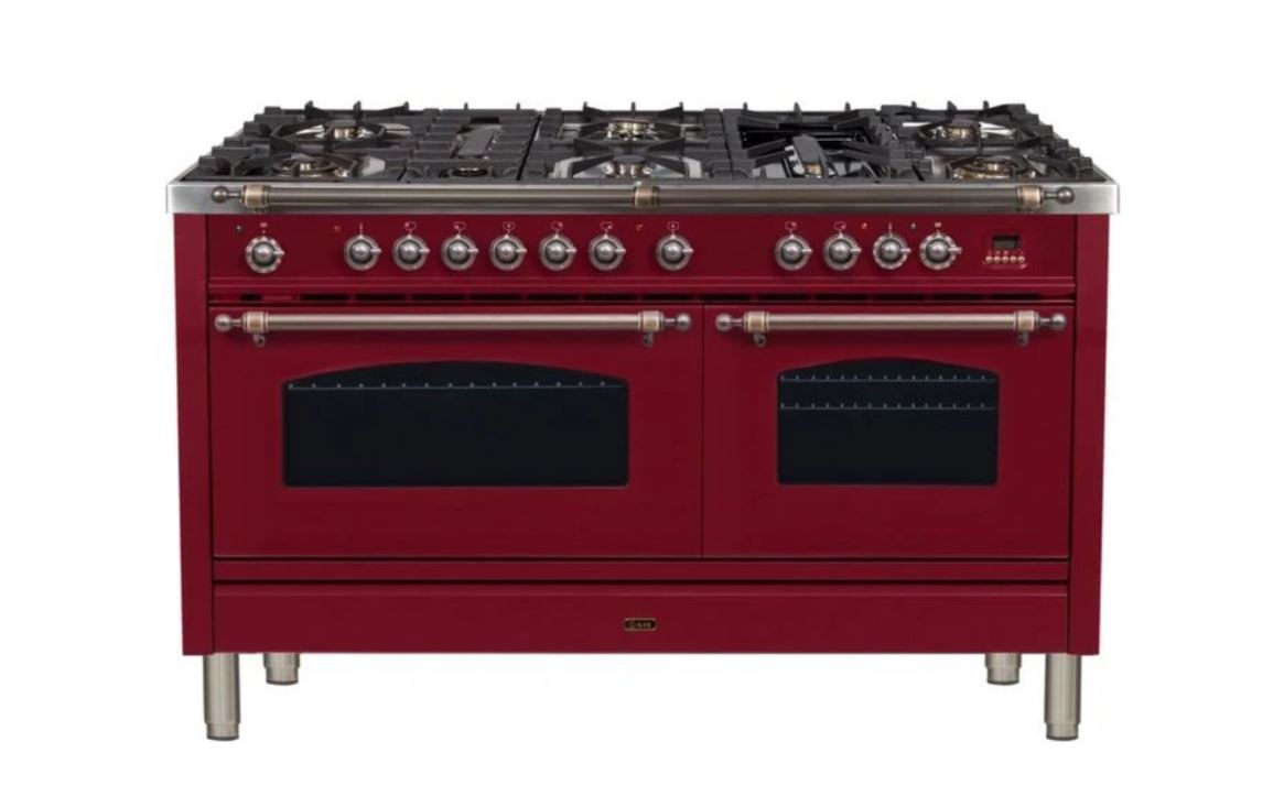 ILVE 60 Inch Nostalgie Series Freestanding Double Oven Dual Fuel Range with 8 Sealed Burners and Griddle (UPN150FDM)