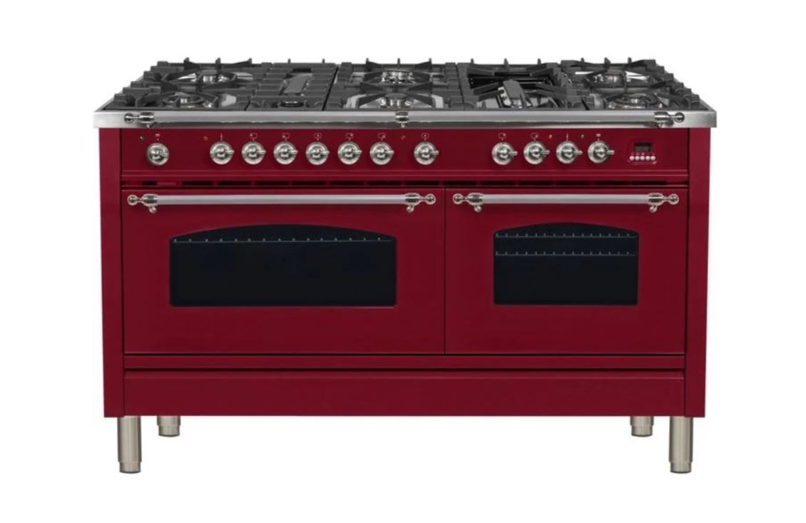 ILVE 60 Inch Nostalgie Series Freestanding Double Oven Dual Fuel Range with 8 Sealed Burners and Griddle (UPN150FDM)