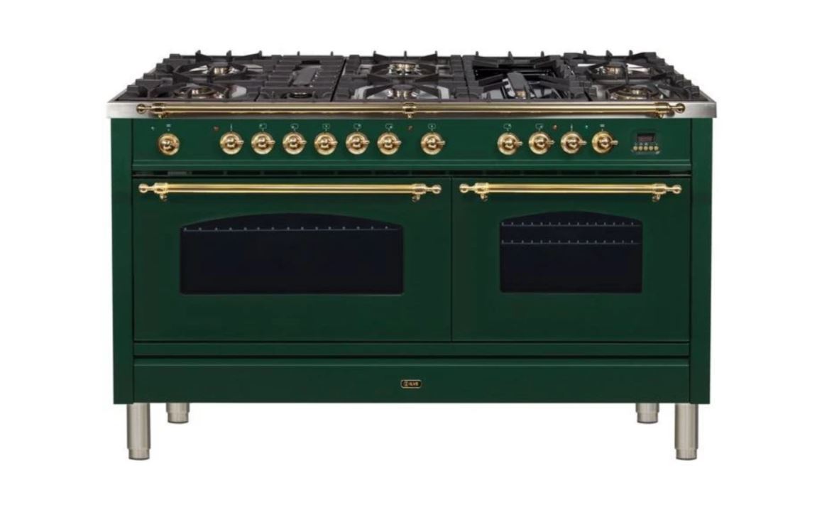 ILVE 60 Inch Nostalgie Series Freestanding Double Oven Dual Fuel Range with 8 Sealed Burners and Griddle (UPN150FDM)