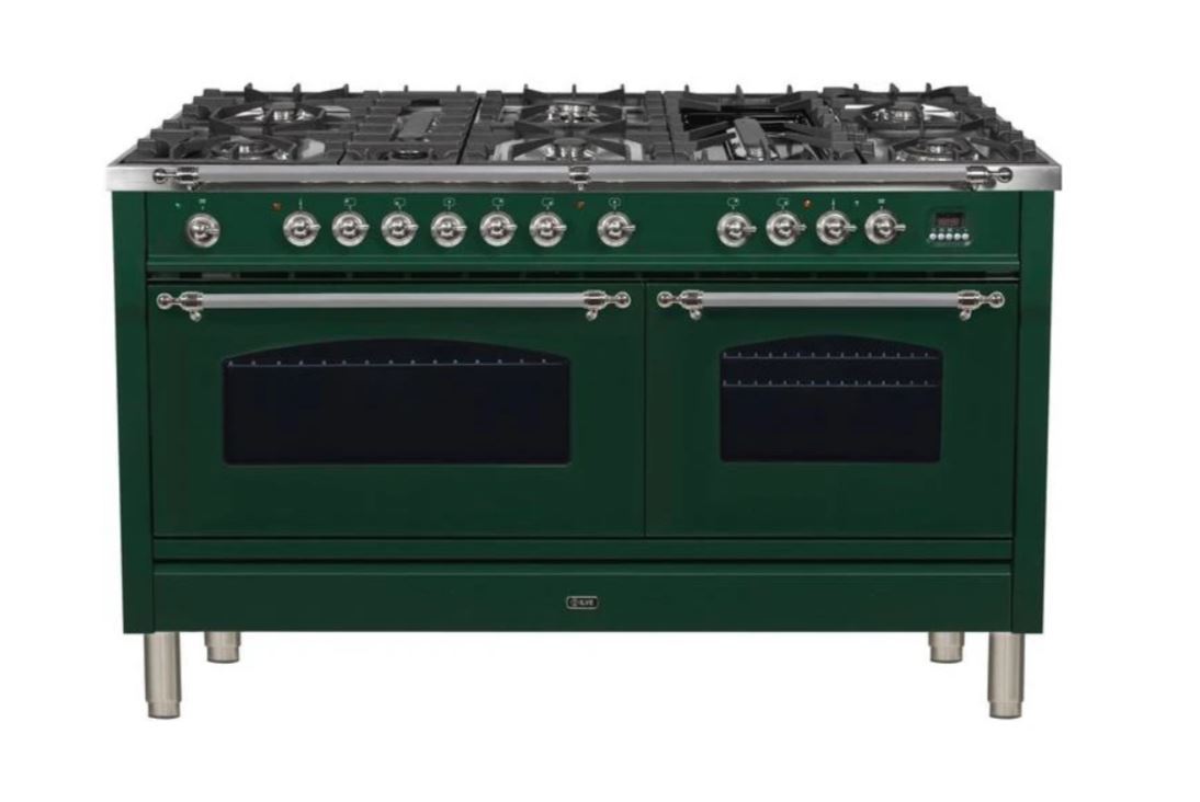 ILVE 60 Inch Nostalgie Series Freestanding Double Oven Dual Fuel Range with 8 Sealed Burners and Griddle (UPN150FDM)
