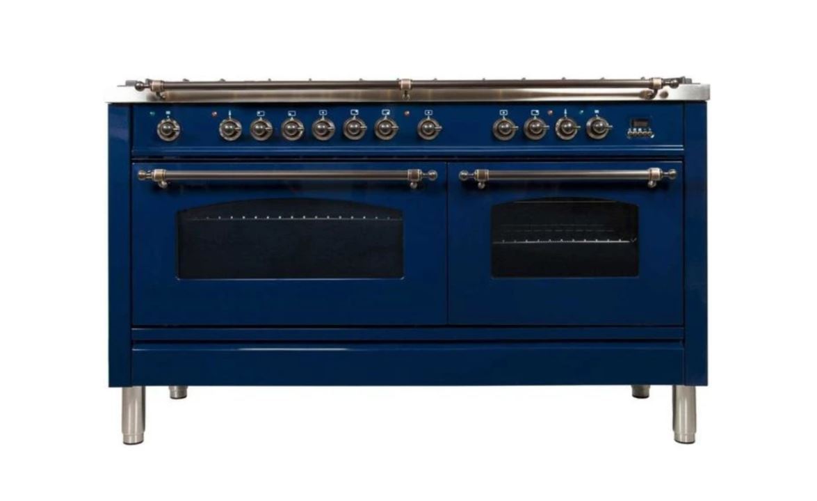 ILVE 60 Inch Nostalgie Series Freestanding Double Oven Dual Fuel Range with 8 Sealed Burners and Griddle (UPN150FDM)