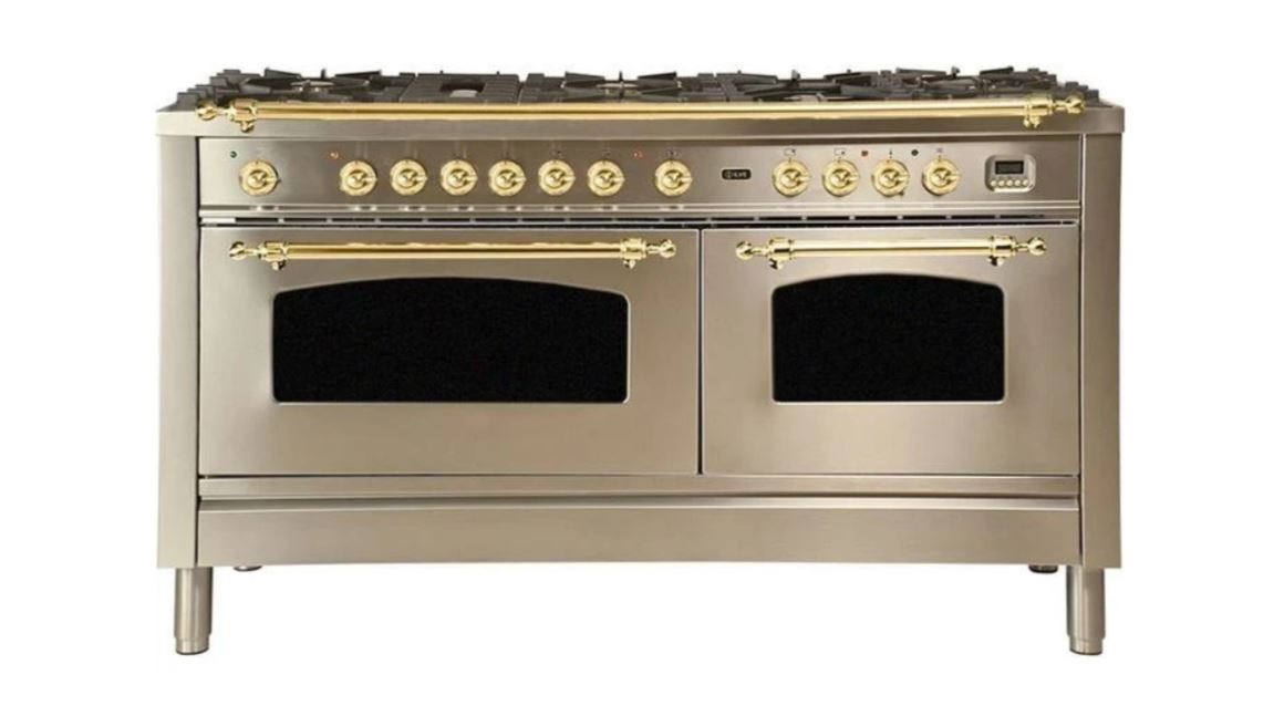 ILVE 60 Inch Nostalgie Series Freestanding Double Oven Dual Fuel Range with 8 Sealed Burners and Griddle (UPN150FDM)