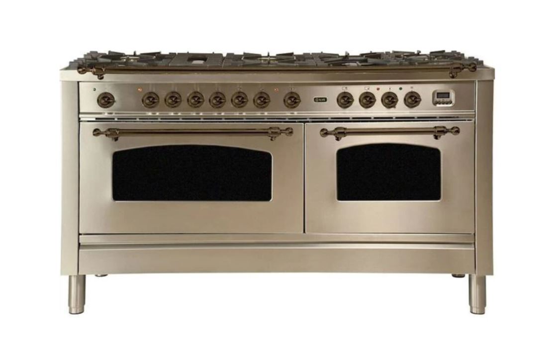 ILVE 60 Inch Nostalgie Series Freestanding Double Oven Dual Fuel Range with 8 Sealed Burners and Griddle (UPN150FDM)