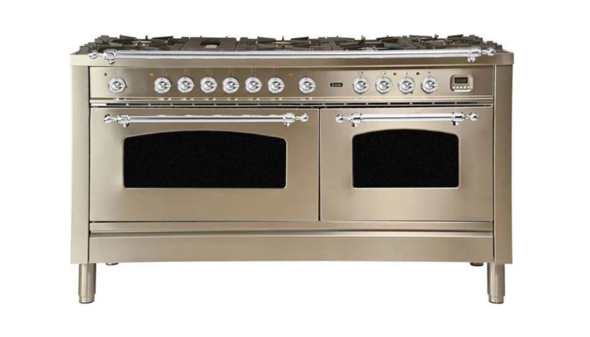 ILVE 60 Inch Nostalgie Series Freestanding Double Oven Dual Fuel Range with 8 Sealed Burners and Griddle (UPN150FDM)