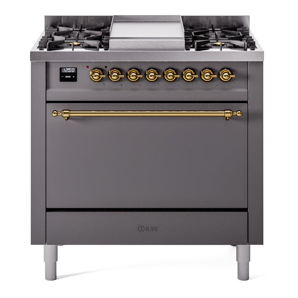 ILVE Nostalgie II 36" Dual Fuel Range with 6 Sealed Burners + Griddle Solid Door UP36FQNMP