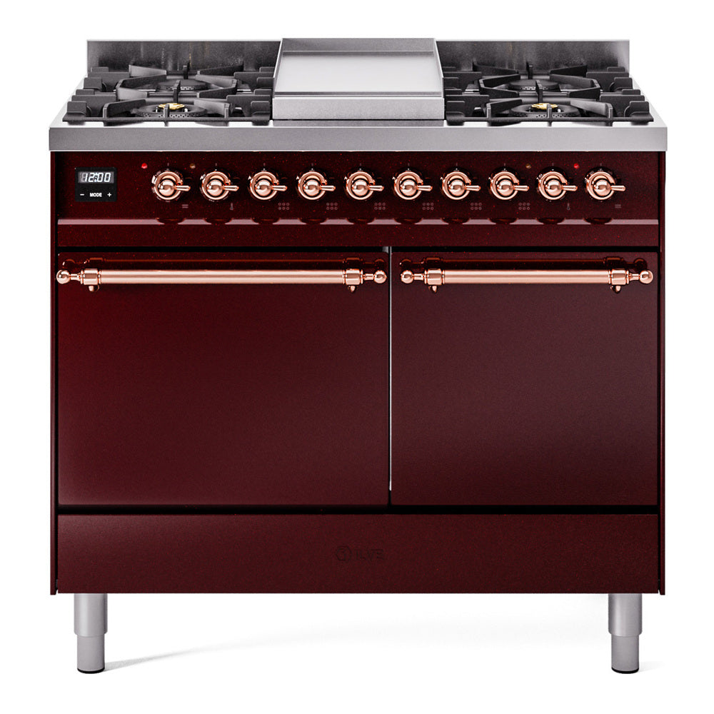 ILVE Nostalgie II 40" Dual Fuel Range with 6 Sealed Burners + Griddle Solid Door UPD40FQNMP